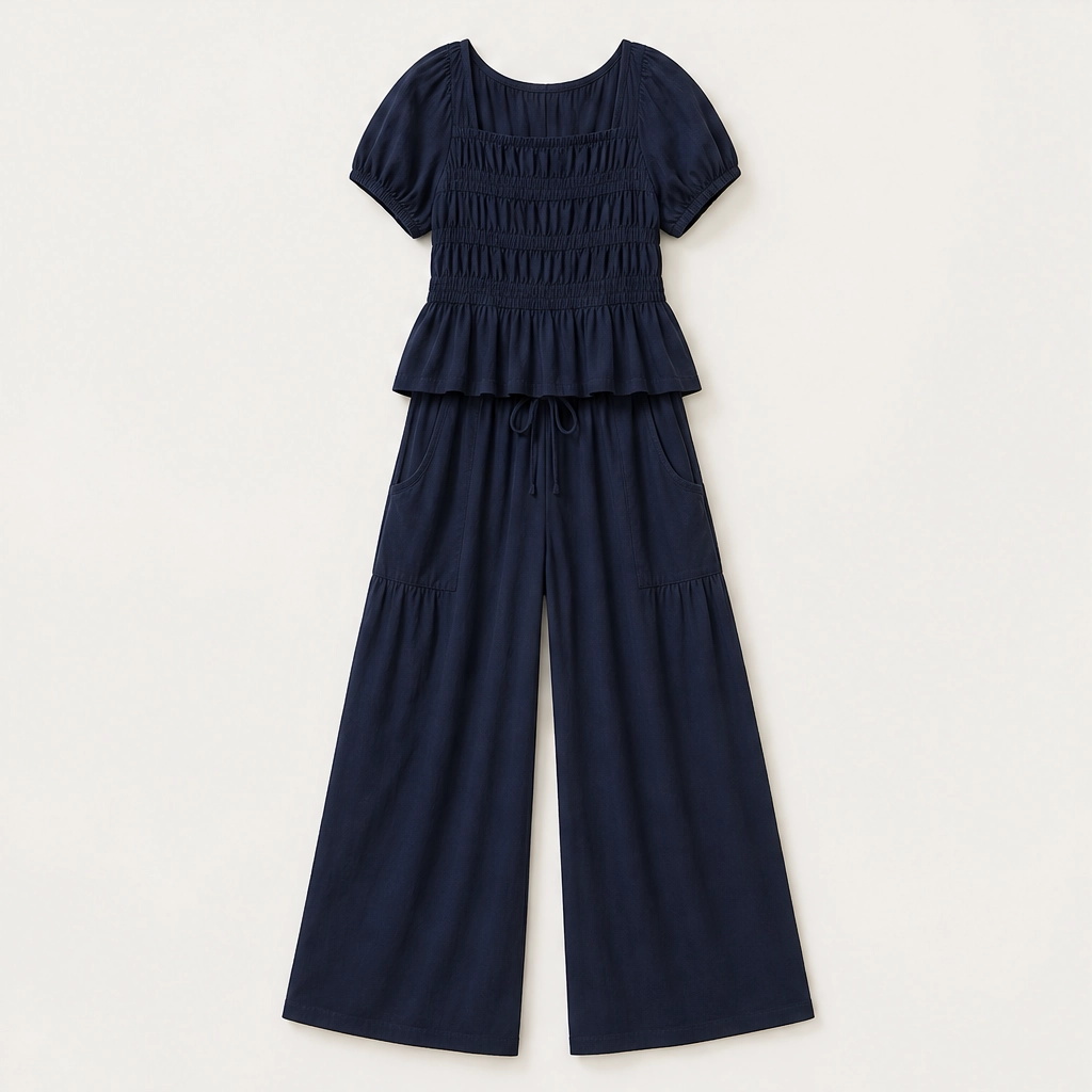 Amaryse โ Smocked Peplum Top & Wide-Leg Pocket Pants Set + 50% OFF