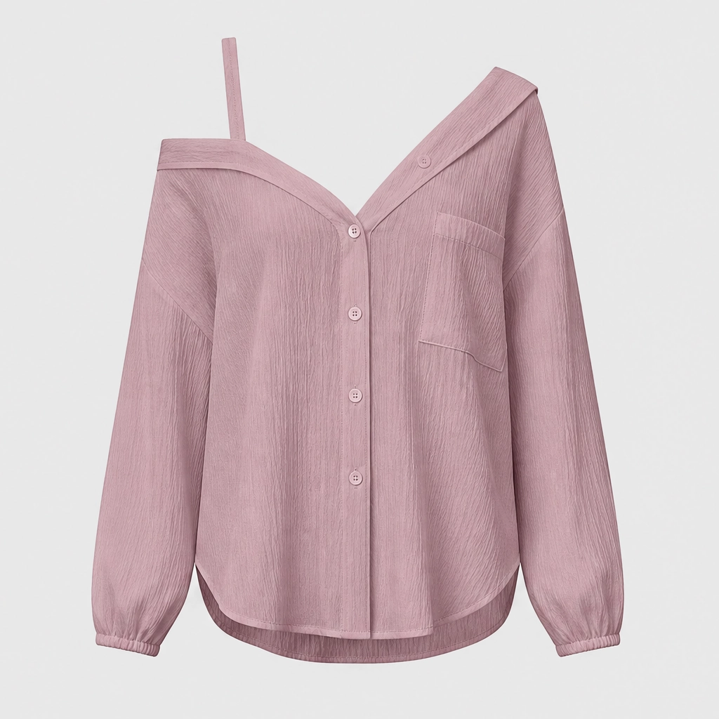 Drapelleโข โ Asymmetric Cold-Shoulder Crinkle Button-Down Blouse + 50% OFF