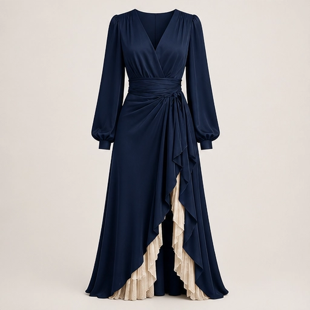 Solenne โ Wrap V-Neck Lantern Sleeve Two-Layer Ruffle Slit Maxi Dress + 50% OFF