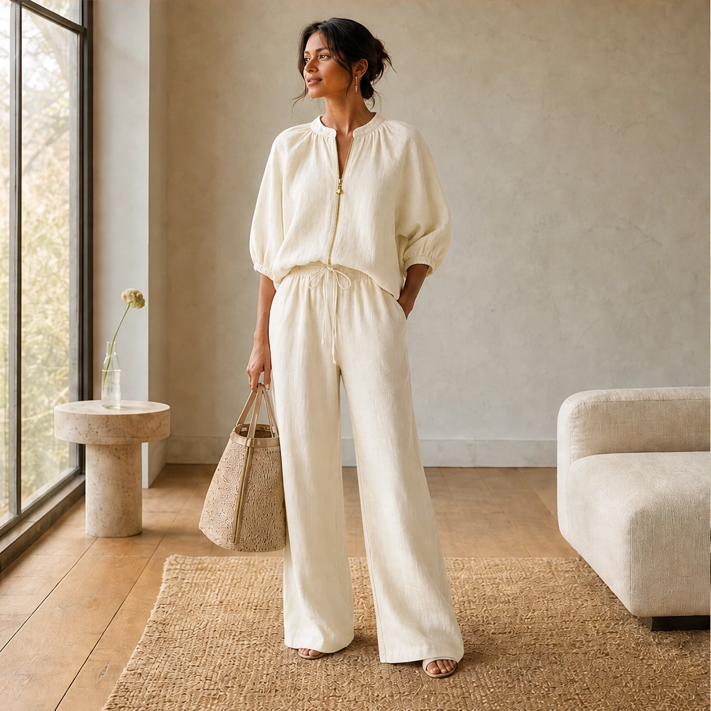Linfoldโข โ Drape-Soft 2-Piece Set with Gold Zip & Wide-Leg Pants + 50% OFF