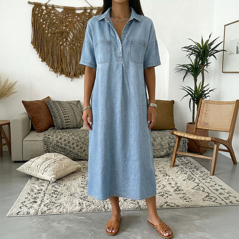 Chambry โ Soft Denim Midi Shirt Dress with Pockets, Relaxed A-Line Fit + 50% OFF