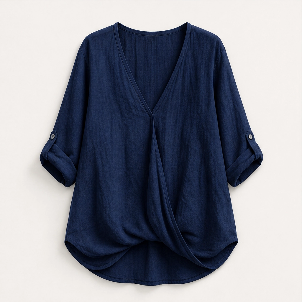 Solene โ Twist-Front V-Neck Cotton-Linen Top + 50% OFF