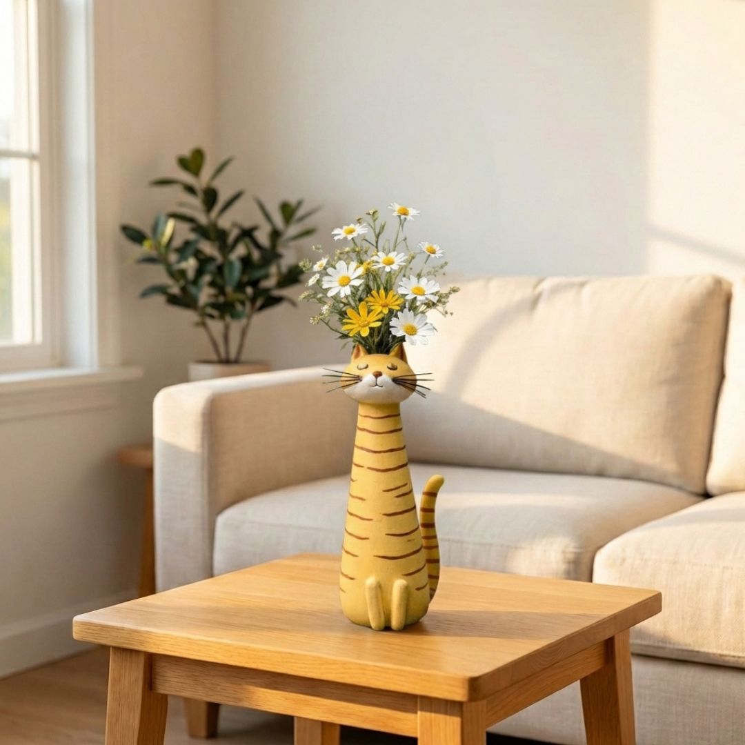 Bloomwhiskโข โ Whimsical Cat Flower Vase Figurine | Hand-Painted Resin | Cat Lover Gift + 50% OFF