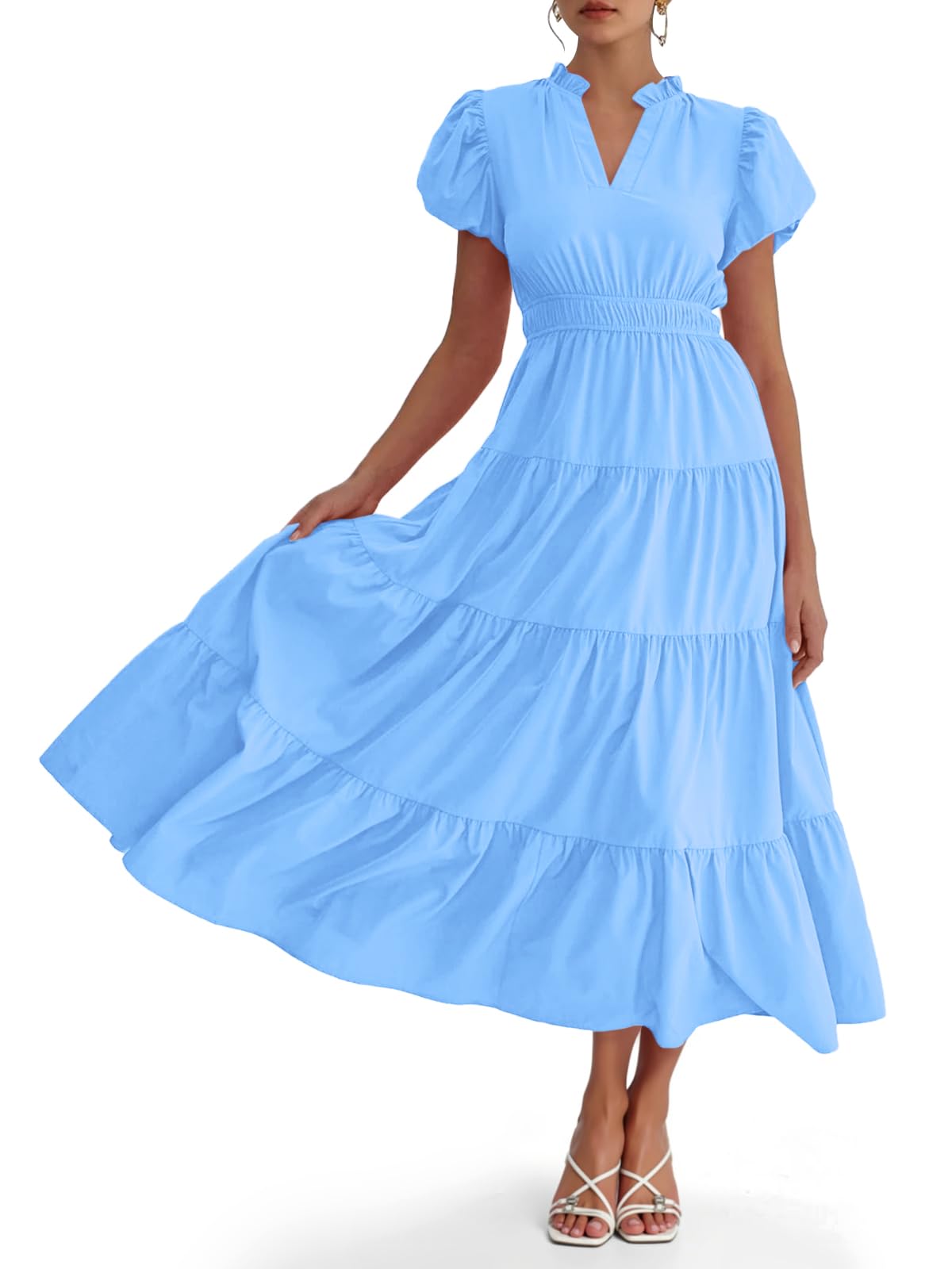 Lilaveraโข โ Puff Sleeve V-Neck Tiered Flowy Midi Dress + 50% OFF