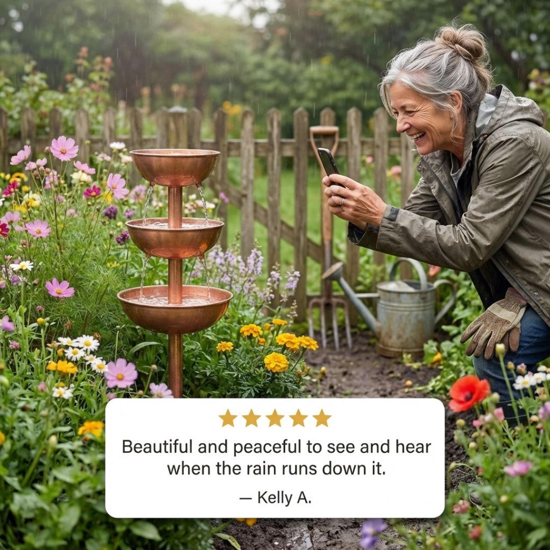 Rivecroftโข โ 3-Tier Cascading Rain Catcher Garden Stake | Rustic Copper Patina | Attracts Birds & Pollinators + 50% OFF