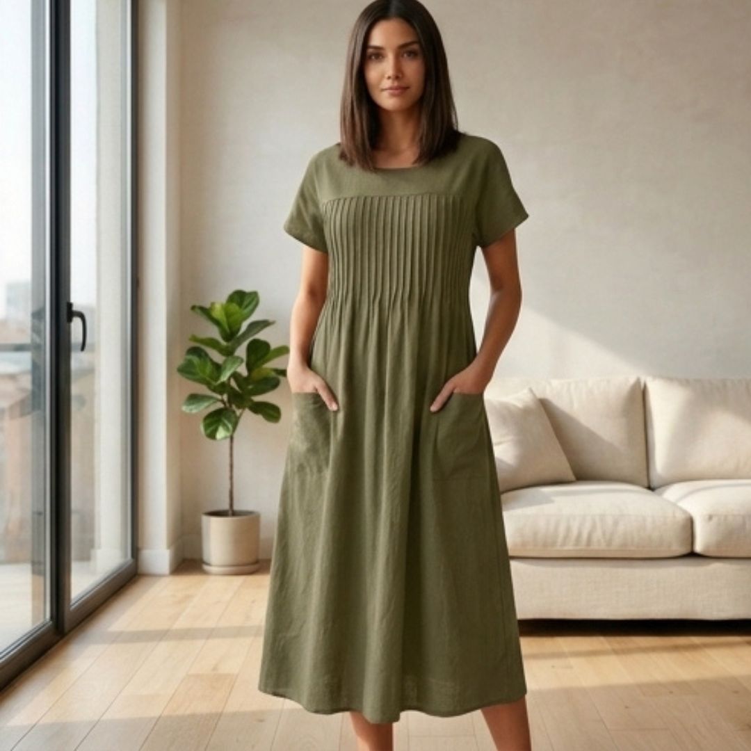 Linwellโข โ Pleated Midi Dress with Pockets & Soft Drape Fit + 50% OFF