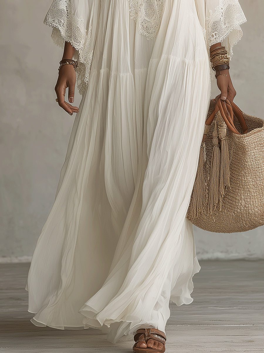 Solmaraโข โ Lined Chiffon Lace V-Neck Batwing Maxi Dress + 50% OFF