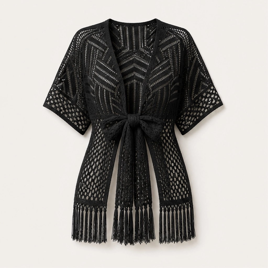 Solaire โ Lightweight Crochet Kimono Cover-Up with Tassels + 50% OFF