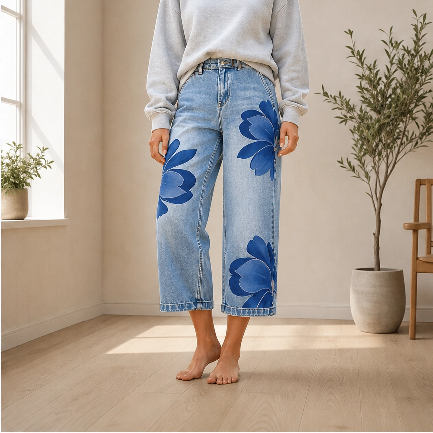 Fleuretteโข โ Stitched Floral Wide-Leg Soft Denim Jeans + 50% OFF