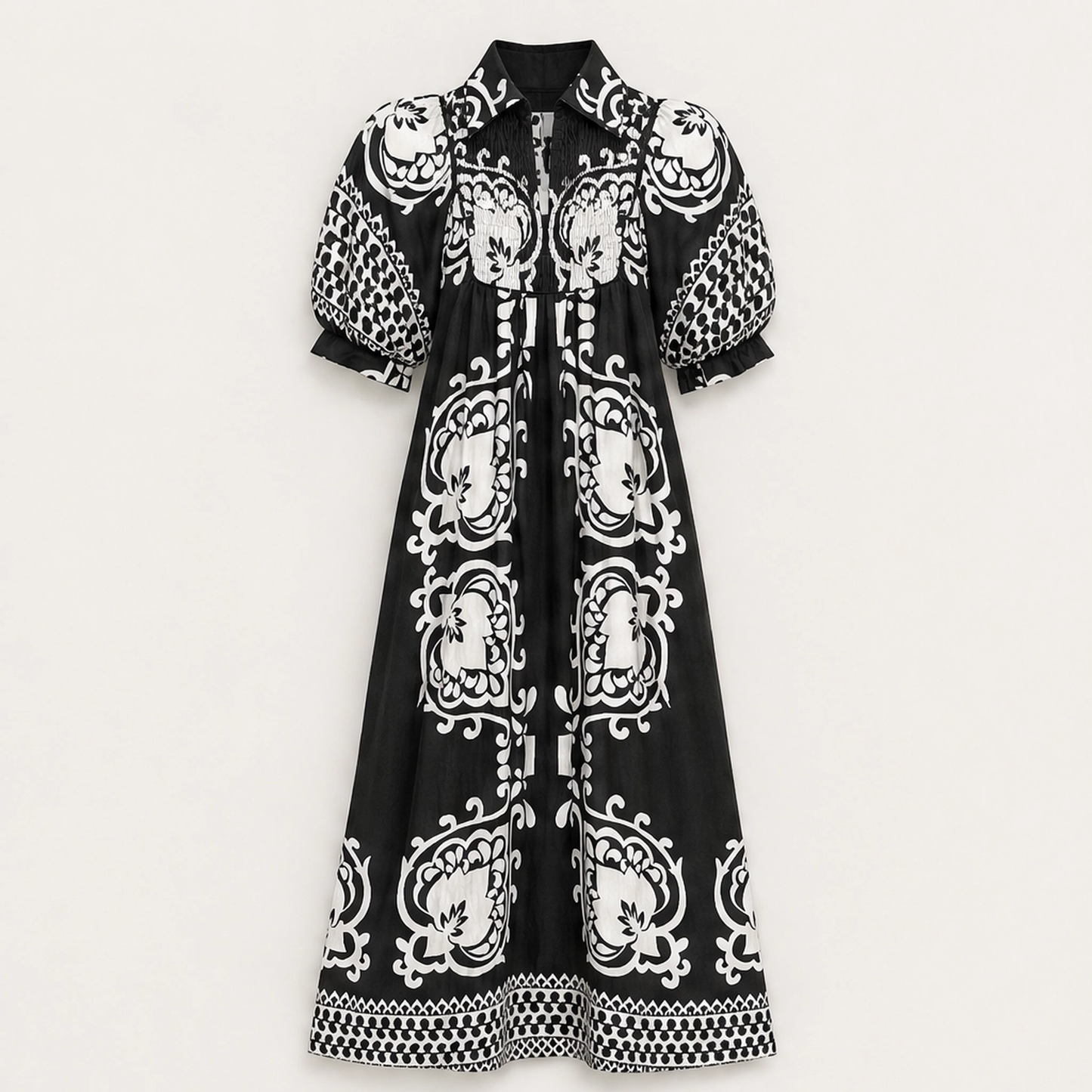 Marisol โ Baroque Print Puff Sleeve Flowy Midi Dress + 50% OFF