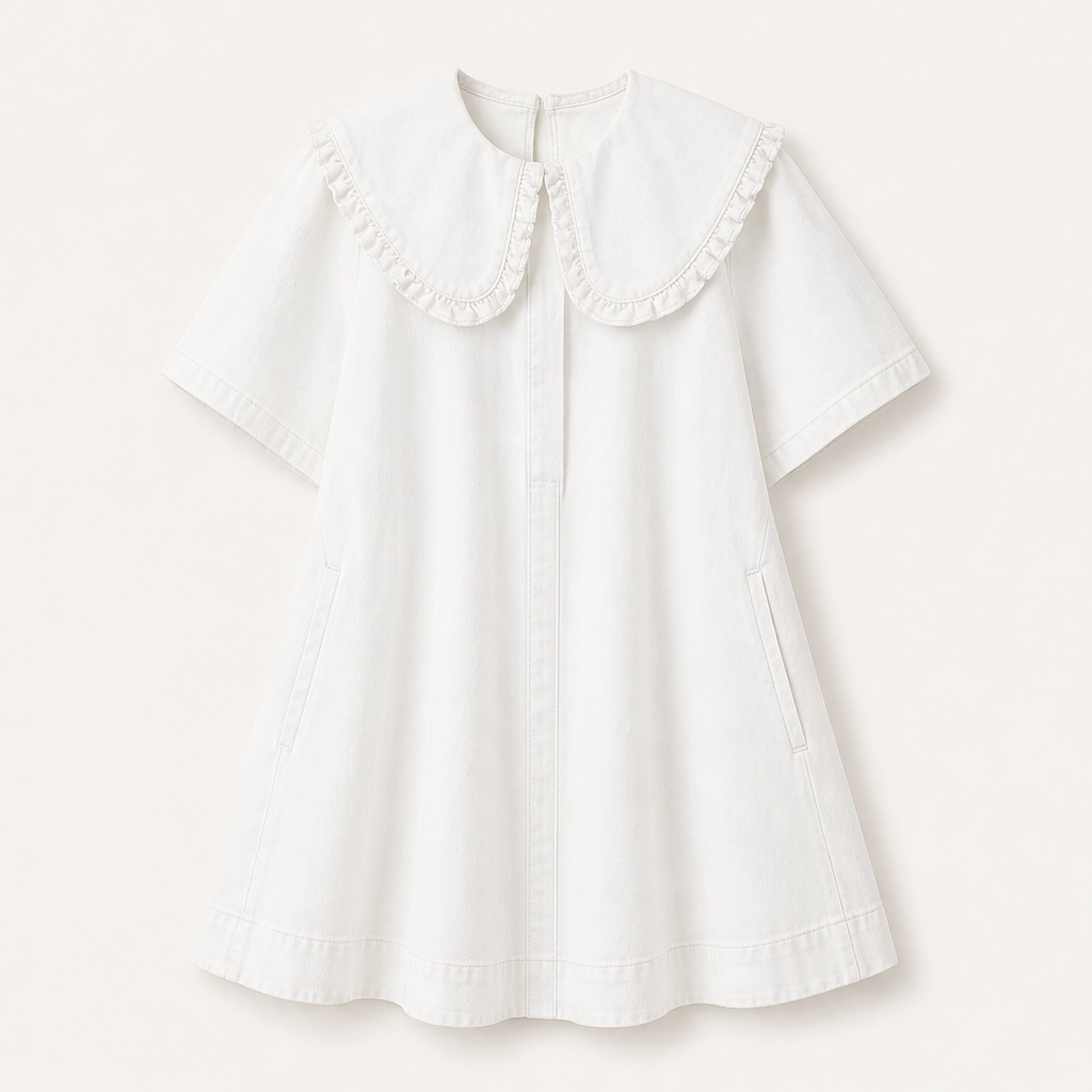 Fleurette โ Ruffled Peter Pan Collar Flowy Denim Babydoll Mini Dress + 50% OFF