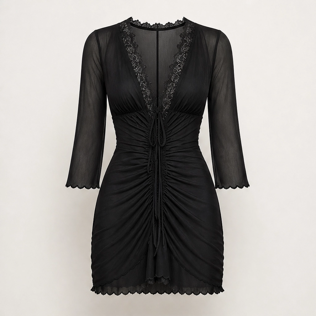 Ruchelle โ Lace-Trim Drawstring Mesh Mini Dress + 50% OFF