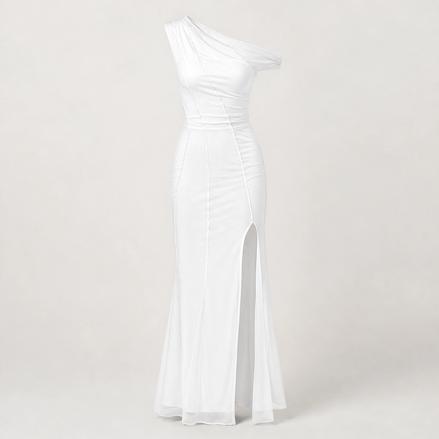 Noirelle โ One-Shoulder Mesh Maxi Dress with Front & Side Slit + 50% OFF