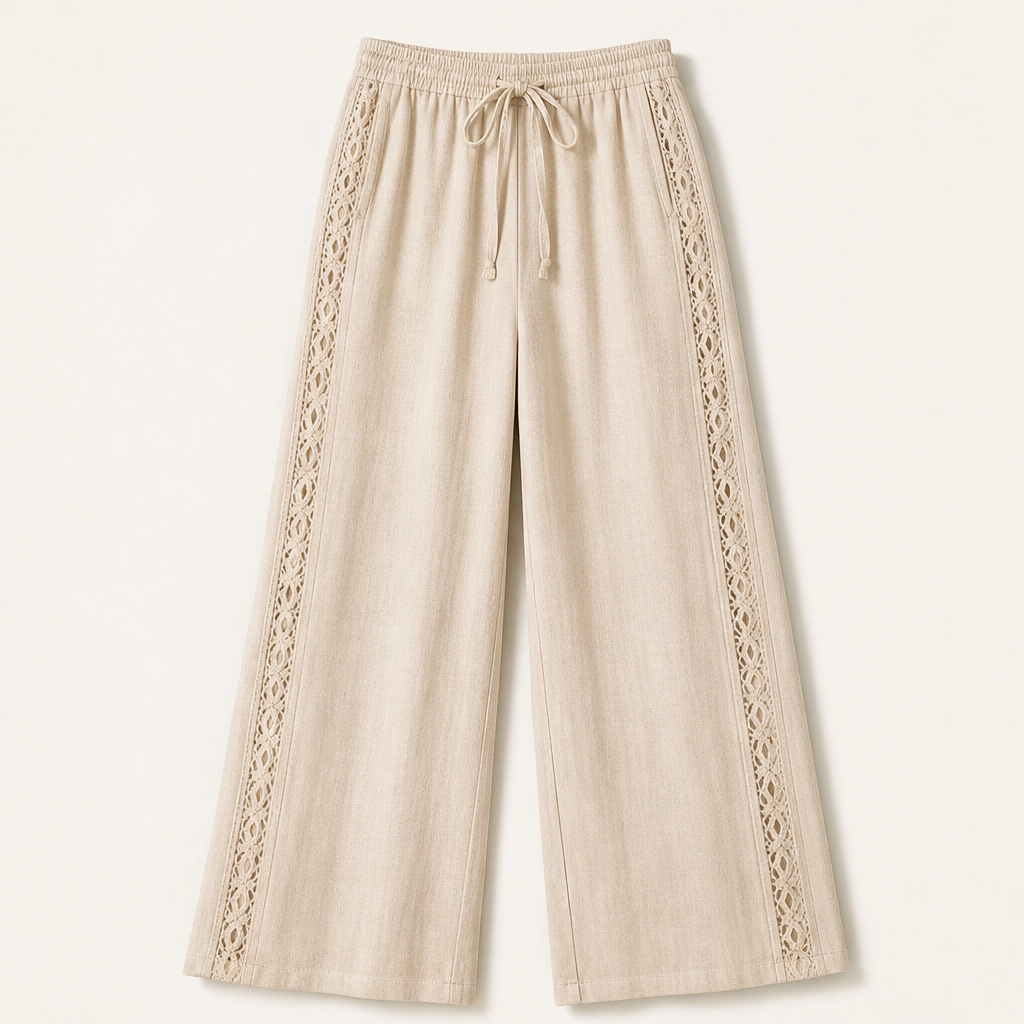Crochelle โ Crochet Trim Breathable Drawstring Straight Leg Pants + 50% OFF