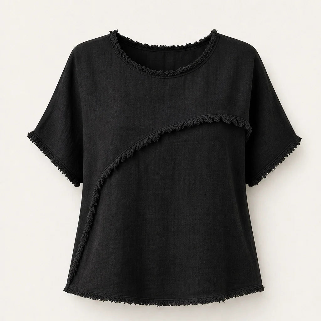 Frayla โ Raw Edge Relaxed Fit Round Neck Summer Top + 50% OFF