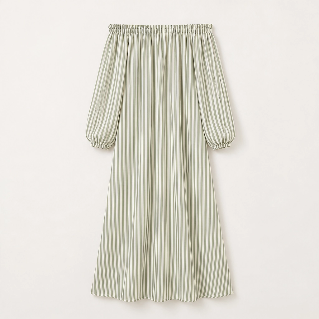 Marisol โ Off-Shoulder Lantern-Sleeve Striped Maxi Dress with Pockets + 50% OFF