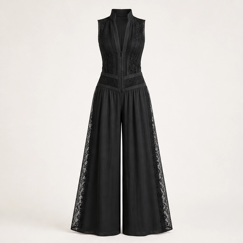 Verlaine โ Lace-Panel Wide-Leg Jumpsuit with Adjustable Zip Collar + 50% OFF