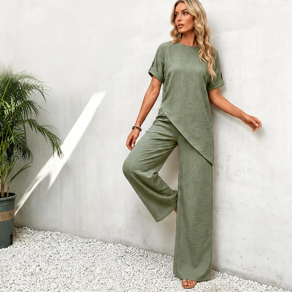 Driftelleโข โ Asymmetrical Hem Top & Wide-Leg Pants 2-Piece Lounge Set + 50% OFF