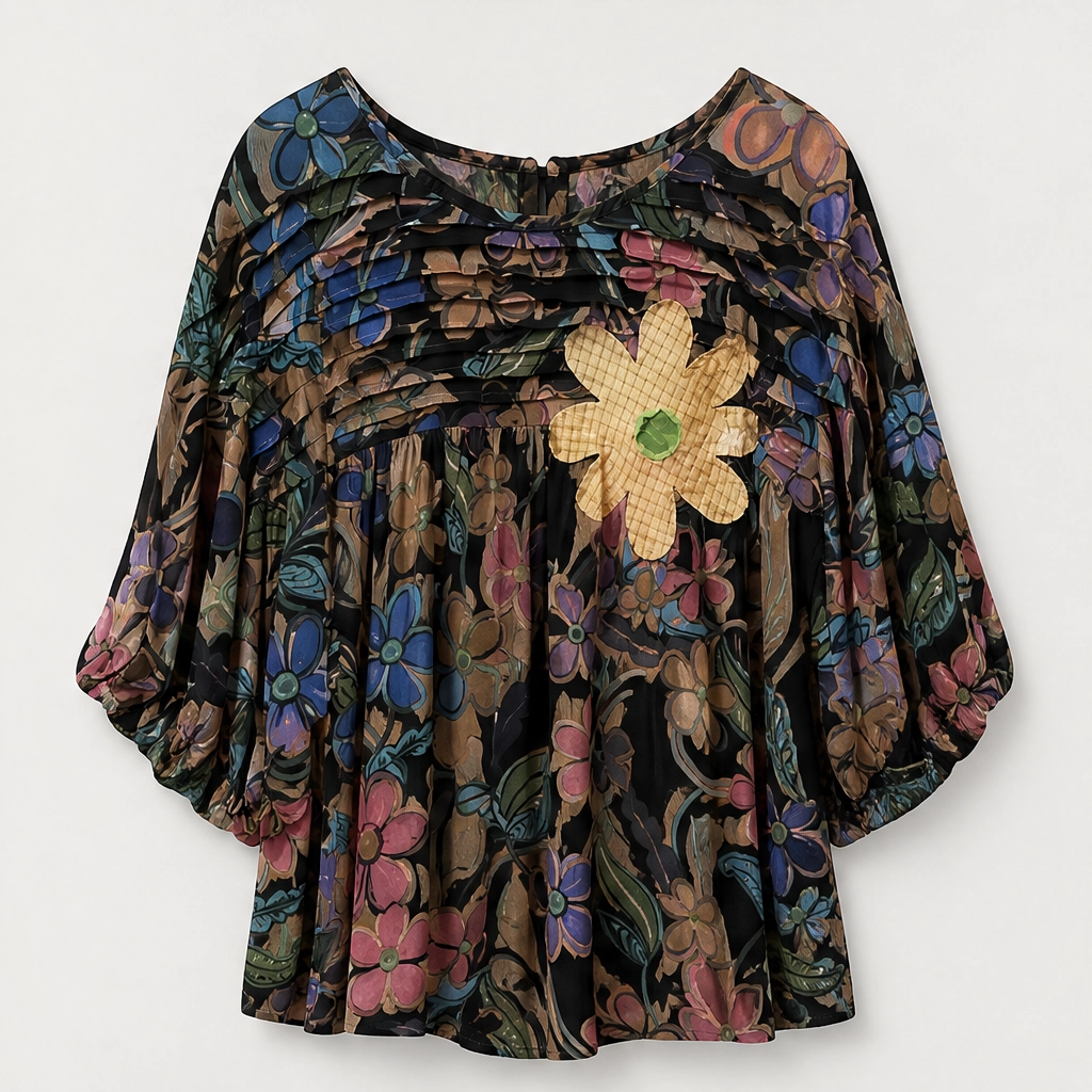 Primvale โ Pleated Appliquรฉ Floral Puff-Sleeve Blouse + 50% OFF