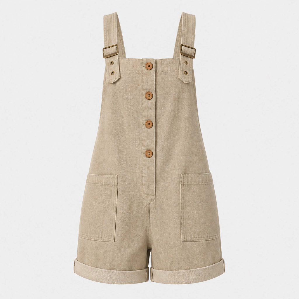 Sundriftโข โ Adjustable Strap Button-Front Overall Romper with Pockets + 50% OFF