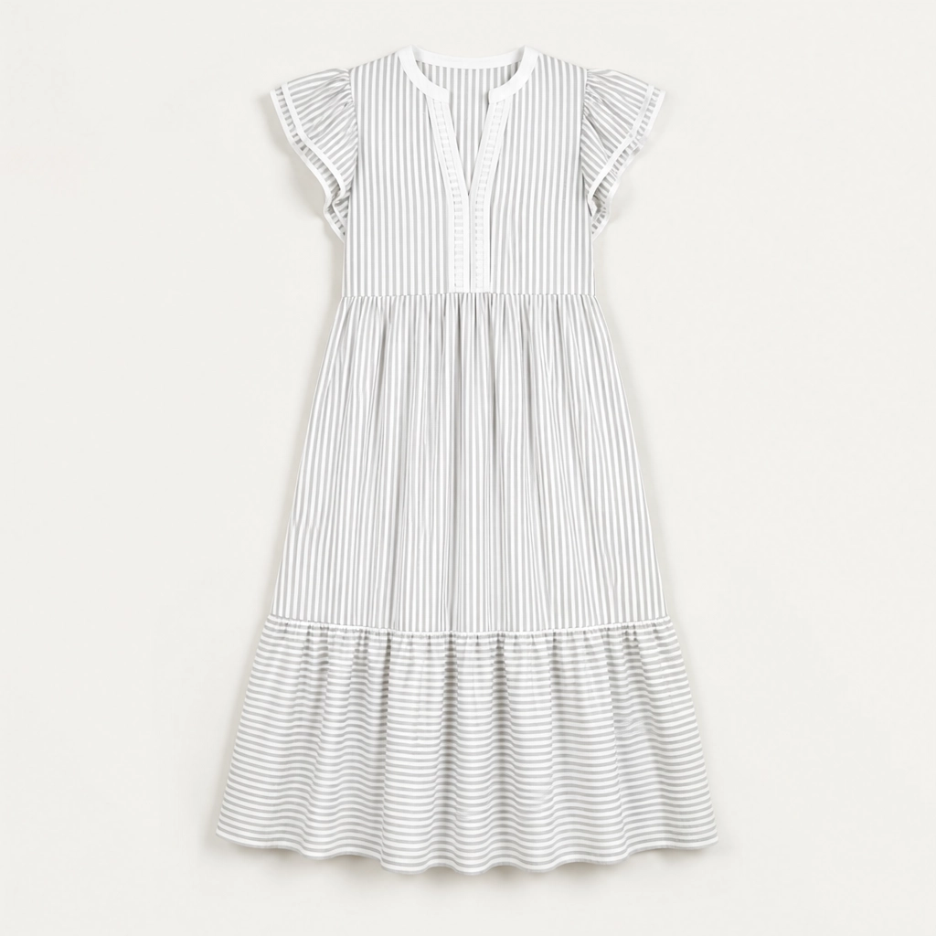 Marisole โ V-Neck Ruffle Striped Midi Dress with Pockets + 50% OFF