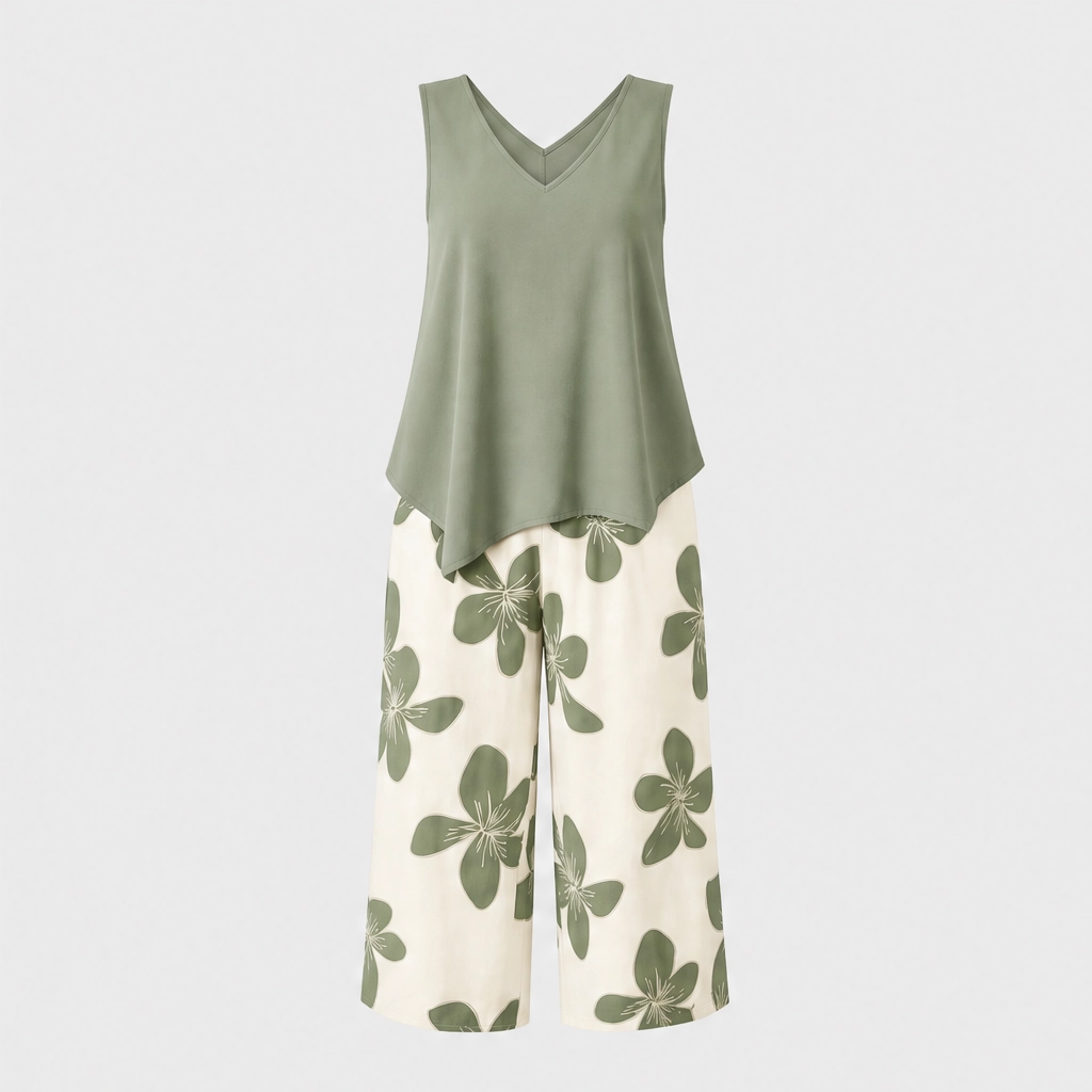 Floravelleโข โ Asymmetrical Hem Top & Floral Capri Pants Set + 50% OFF