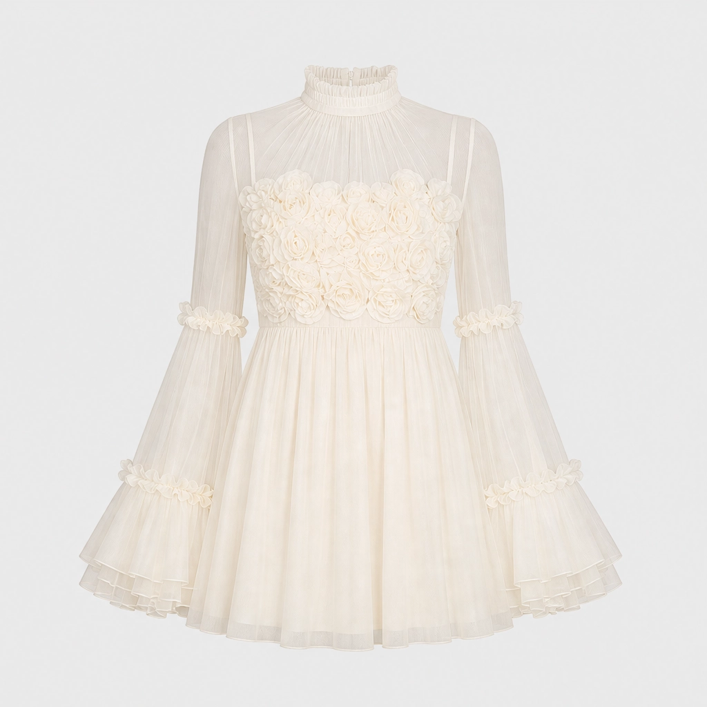 Velroseโข โ Sheer Sleeve 3D Rosette Chiffon Mini Dress + 50% OFF
