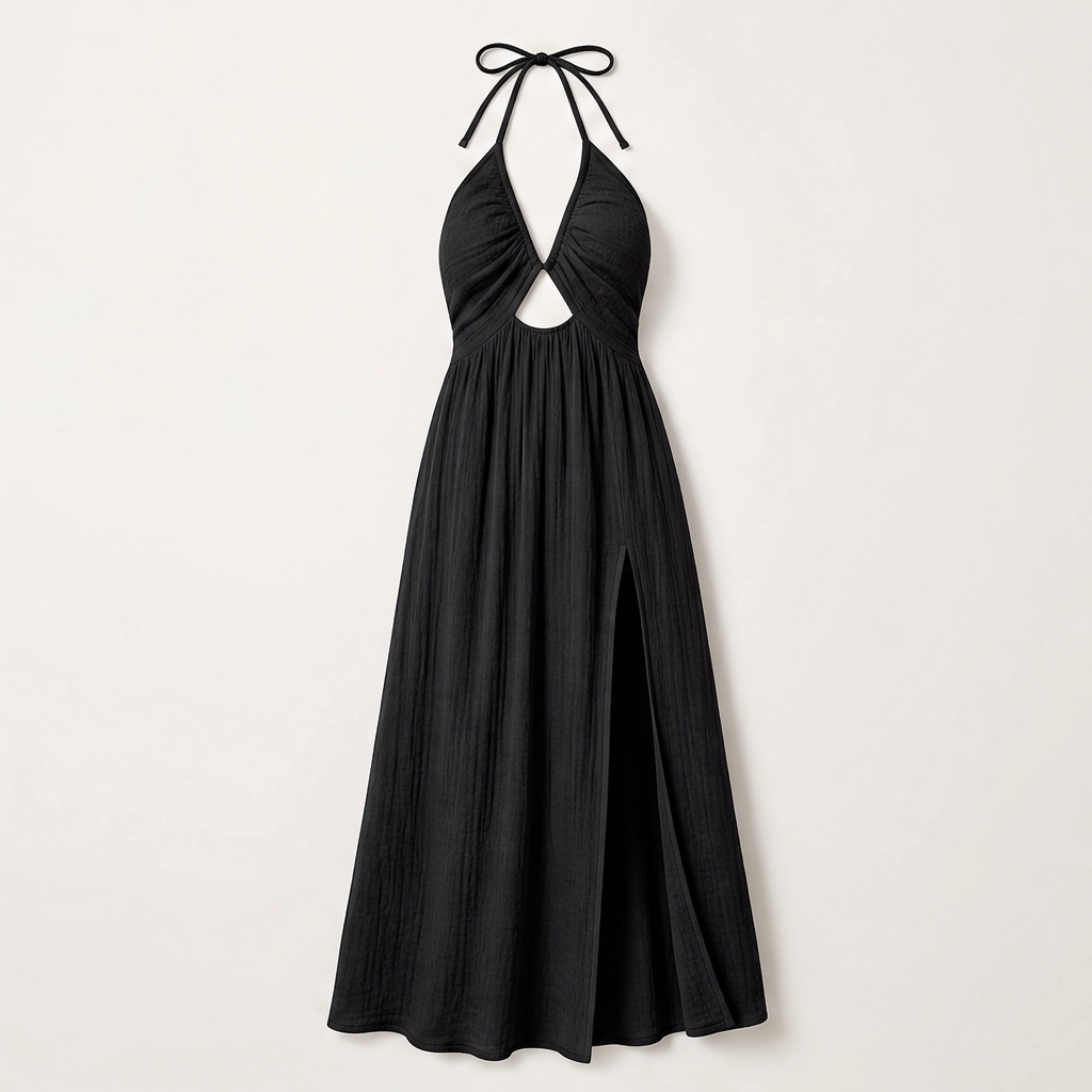 Solenne โ Halter V-Neck Cutout Maxi Dress with High Slit + 50% OFF