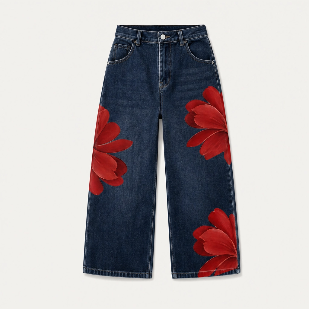 Petalene โ Artistic Floral-Print Wide-Leg Cropped Jeans + 50% OFF