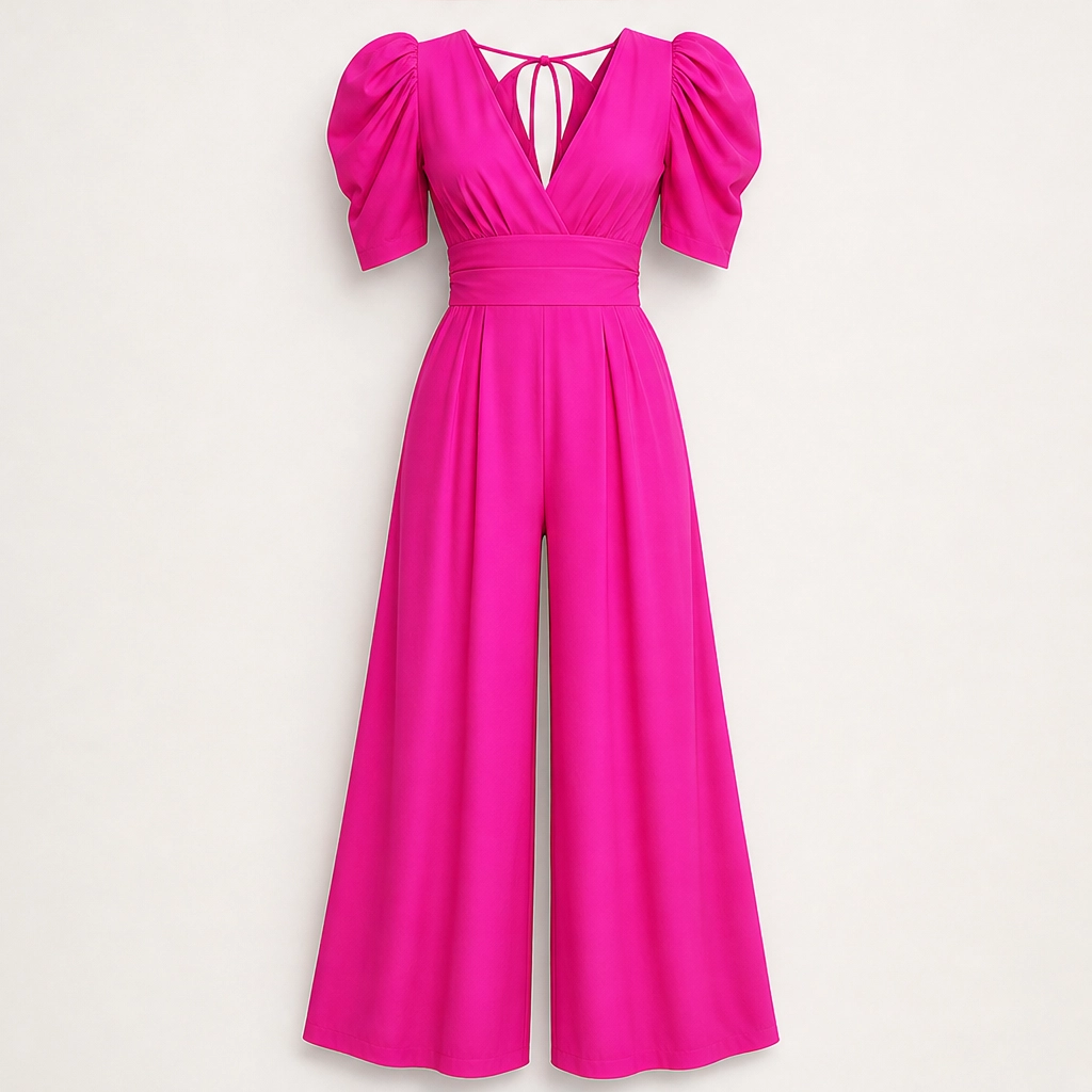 Ruchelle โ Deep V-Neck Ruched-Waist Wide-Leg Jumpsuit + 50% OFF