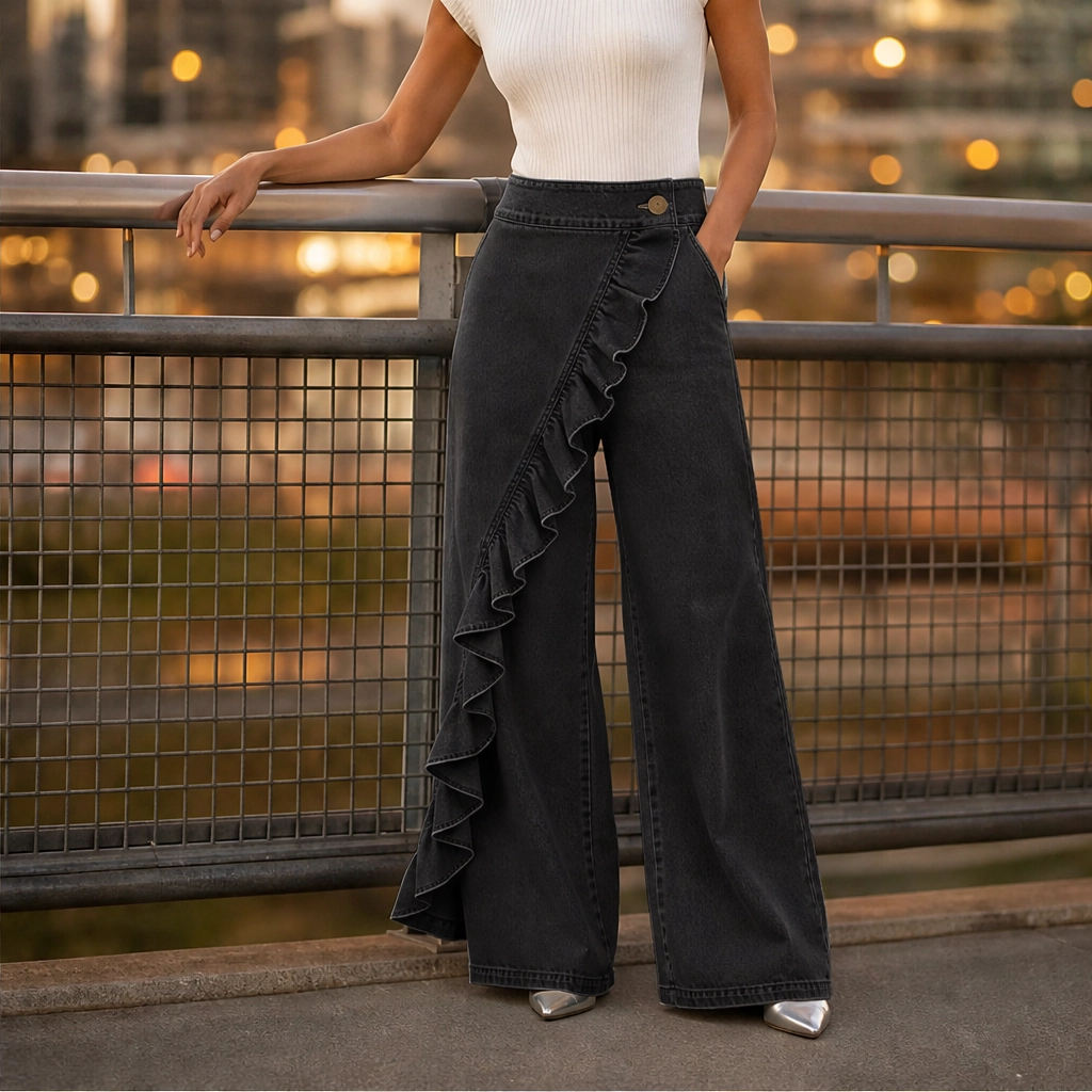 Volantรฉ โ High-Waist Ruffle Wide-Leg Denim Pants + 50% OFF