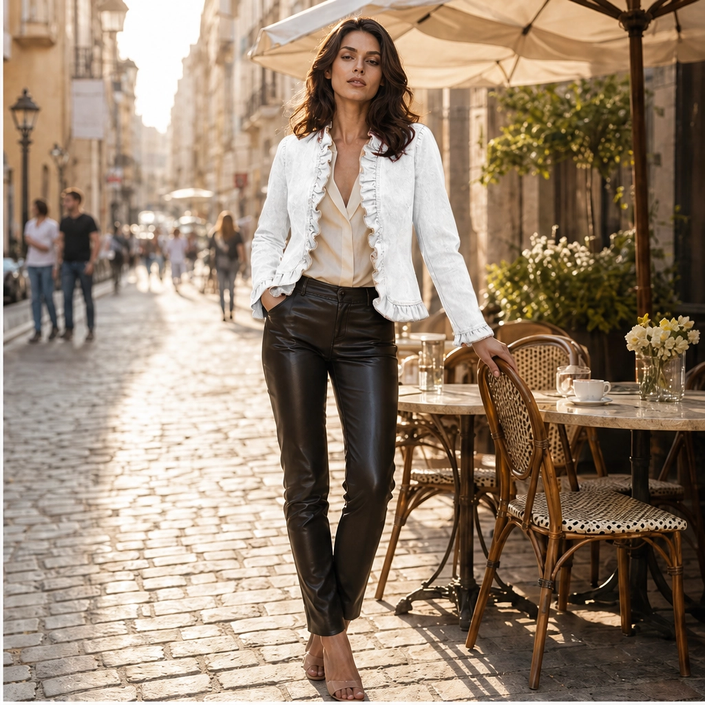 Volette โ Ruffle Trim Open-Front Lightweight Denim Jacket + 50% OFF