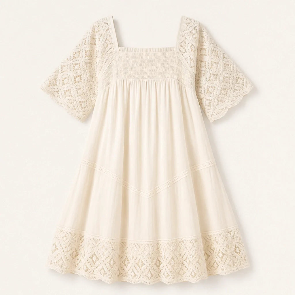 Solmara โ Square Neck Smocked Lace Mini Dress + 50% OFF