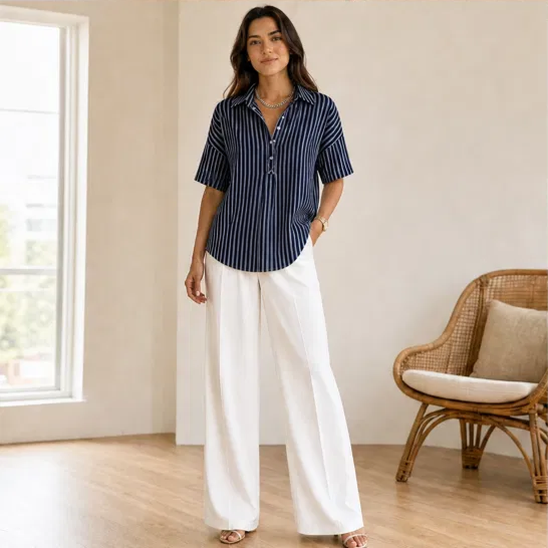 Verenaโข โ Relaxed Striped V-Neck Collared Short-Sleeve Blouse + 50% OFF