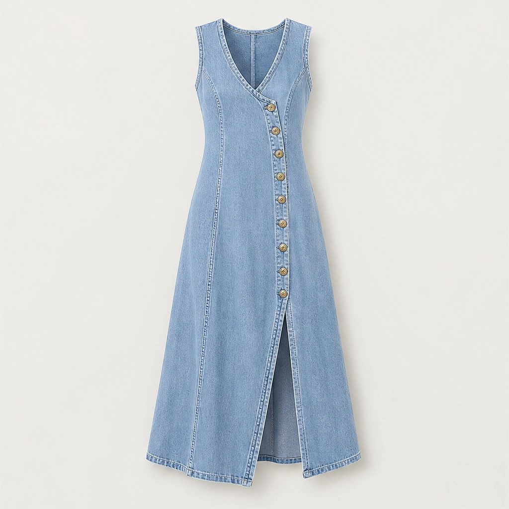 Marlowe โ V-Neck Button-Front Denim Maxi Dress with Side Slit + 50% OFF