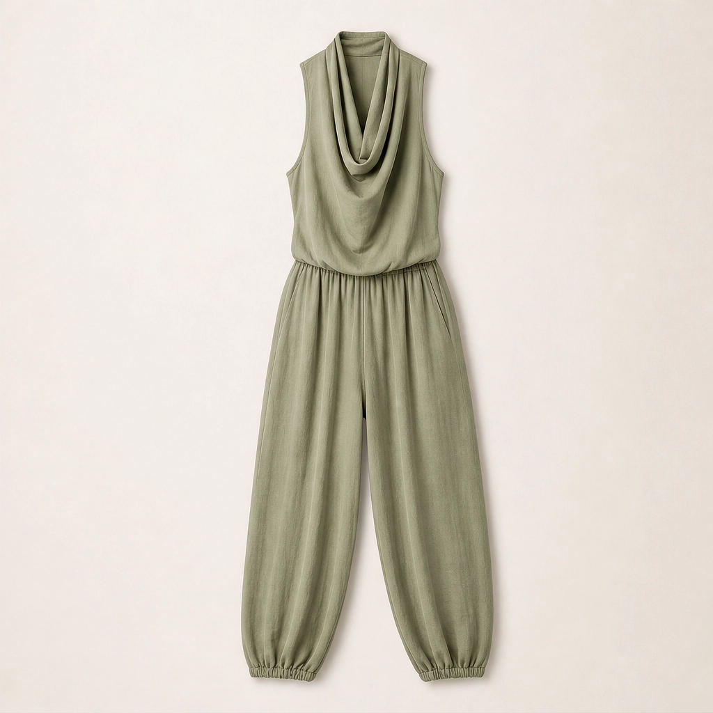 Solveia โ Draped Halter Jumpsuit with Breathable Elastic-Waist Comfort + 50% OFF
