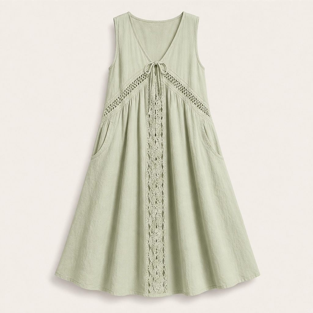 Solenne โ Sleeveless V-Neck Lace-Trim Midi Dress with Pockets + 50% OFF
