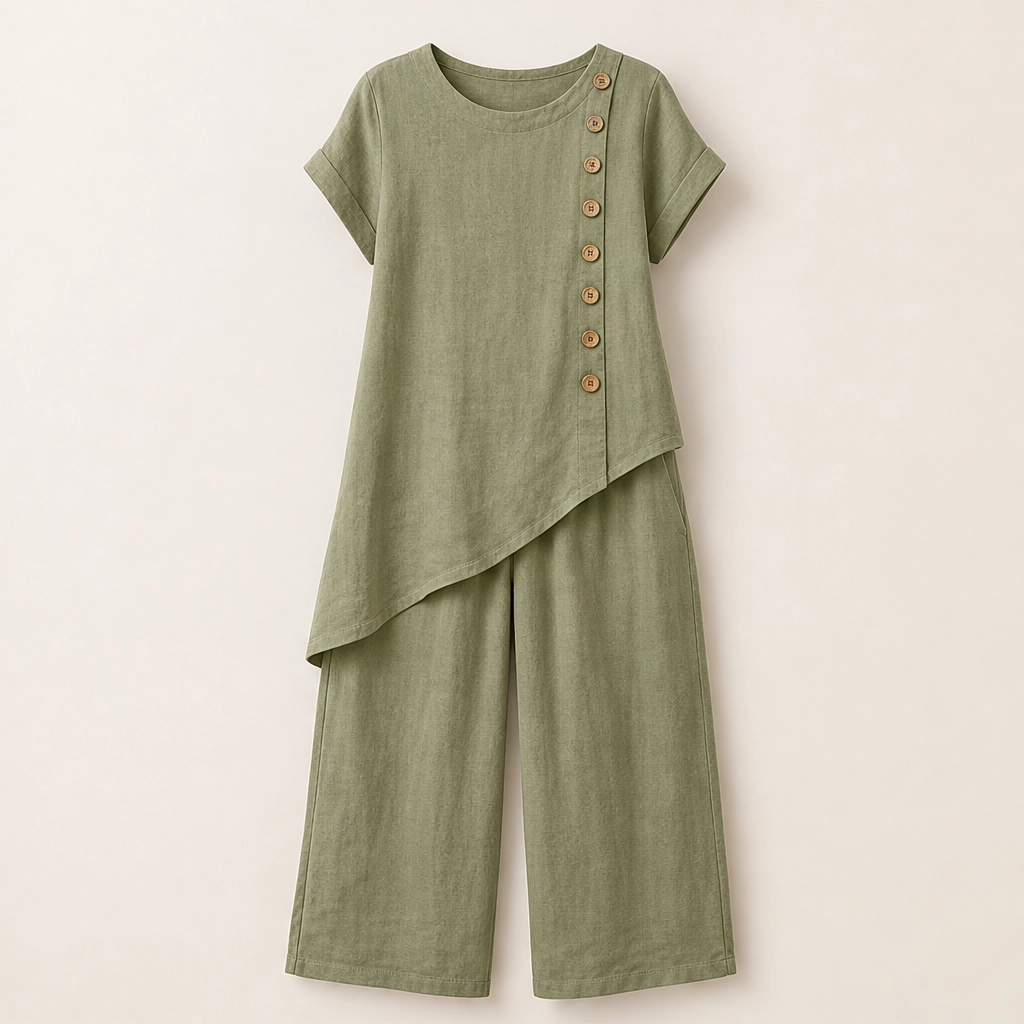 Sundrift โ Asymmetric Button-Hem Top & Wide-Leg Pants 2-Piece Linen Set + 50% OFF