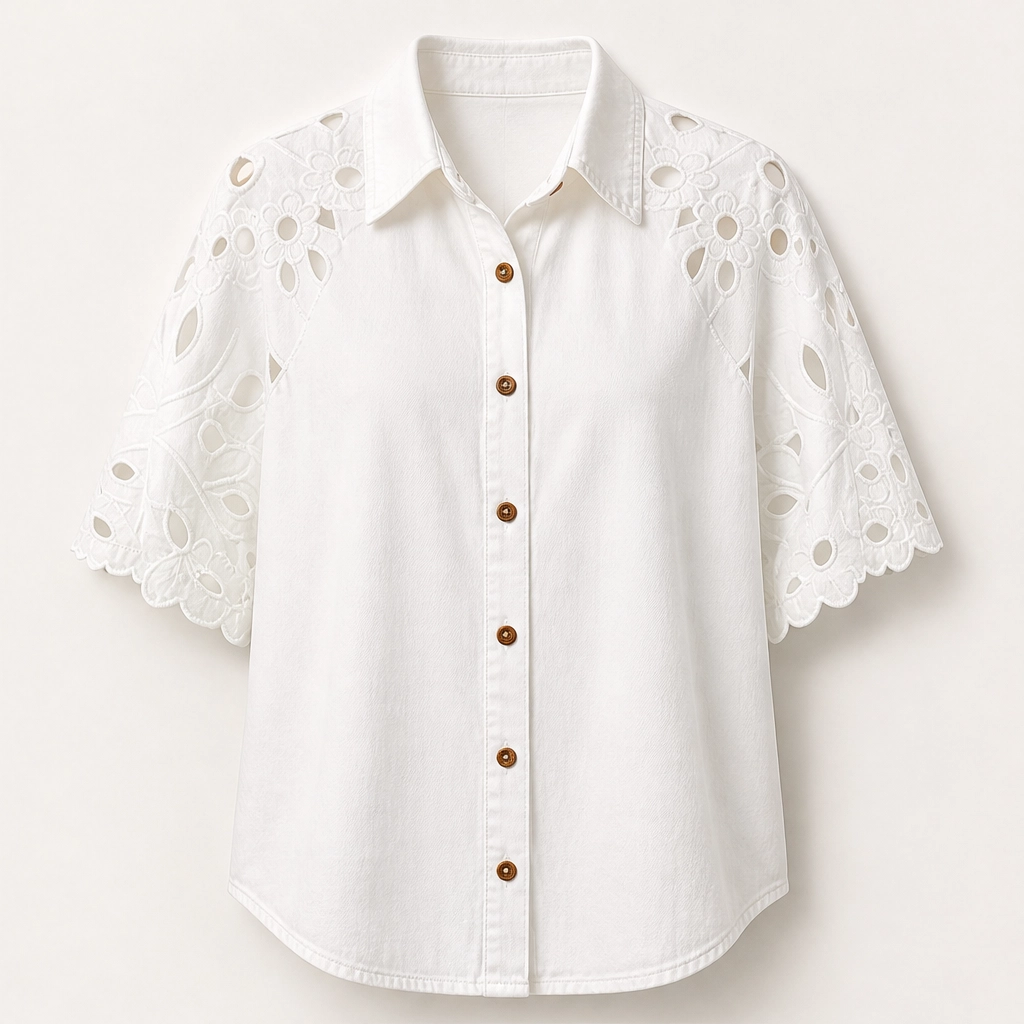 Everly โ Floral Eyelet Cutout Denim Shirt + 50% OFF