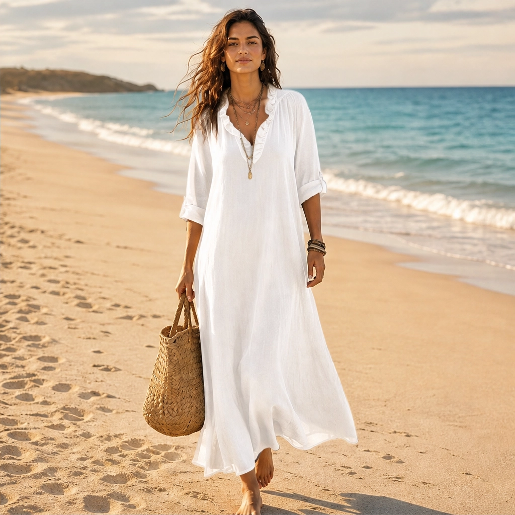 Solene โ Ruffle V-Neck Flowing Maxi Dress with Roll-Up Sleeves + 50% OFF