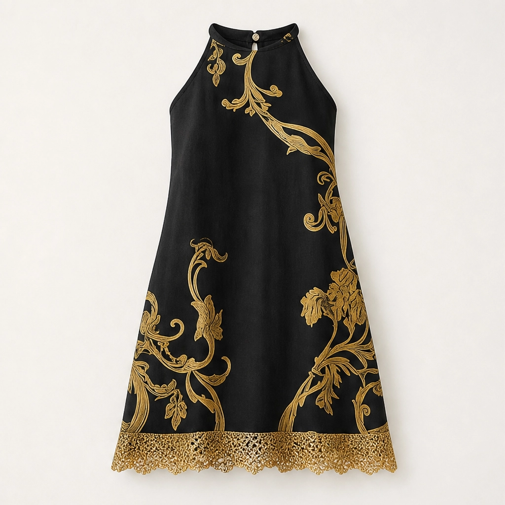 Solenne โ Gold Baroque Print Lace-Trim Sleeveless Mini Dress + 50% OFF