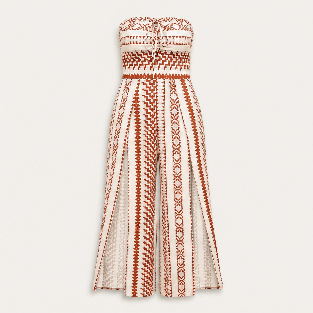 Marisol โ Strapless Geometric Print Wide-Leg Jumpsuit with Side Slits + 50% OFF