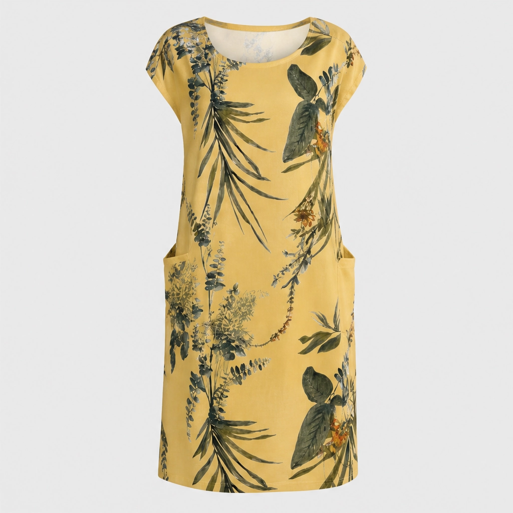 Fernelleโข โ Cotton-Linen Printed Dress with Pockets & Relaxed Fit + 50% OFF
