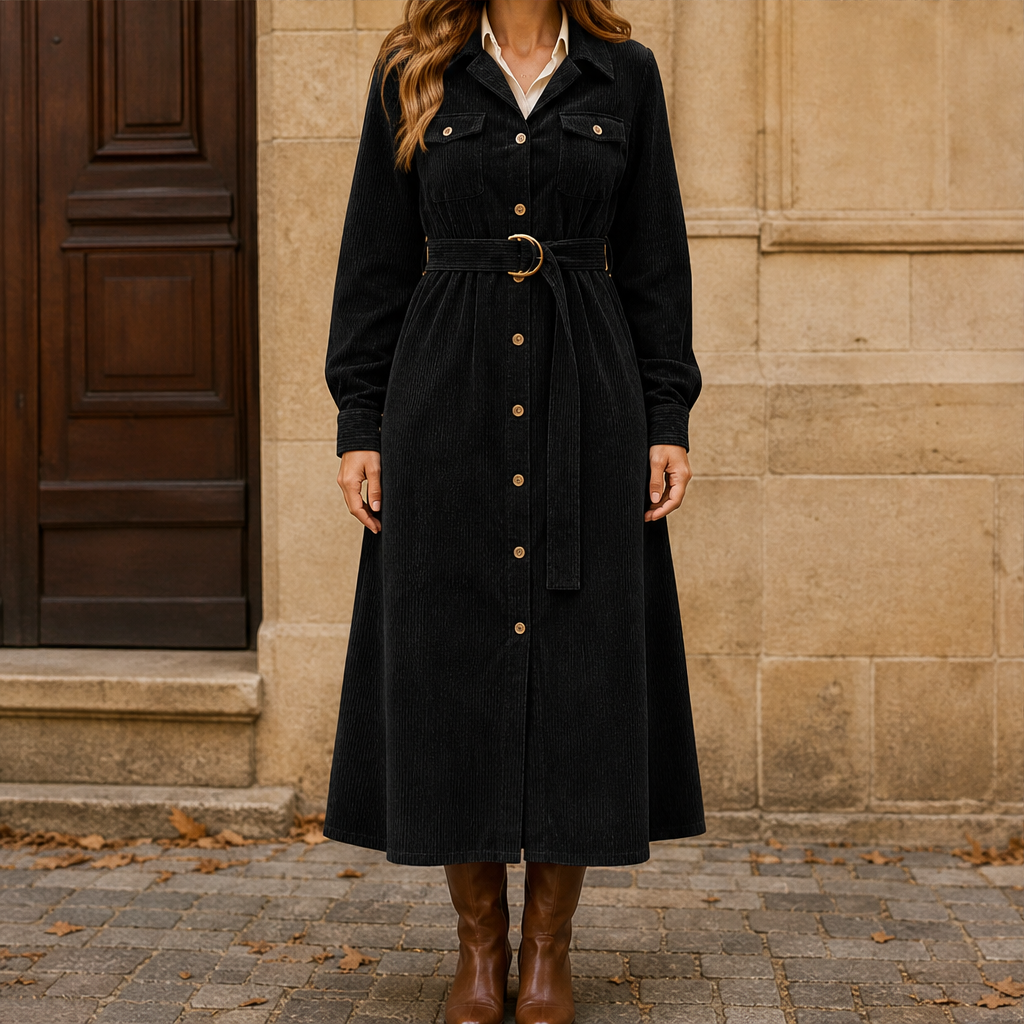 Woolmere โ Belted Corduroy Midi Shirt Dress + 50% OFF Black