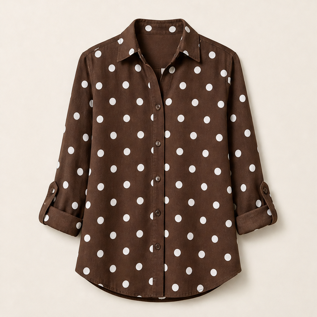 Bellmere โ Soft Stretch Roll-Sleeve Button Up Blouse + 50% OFF Brown Polka Dot