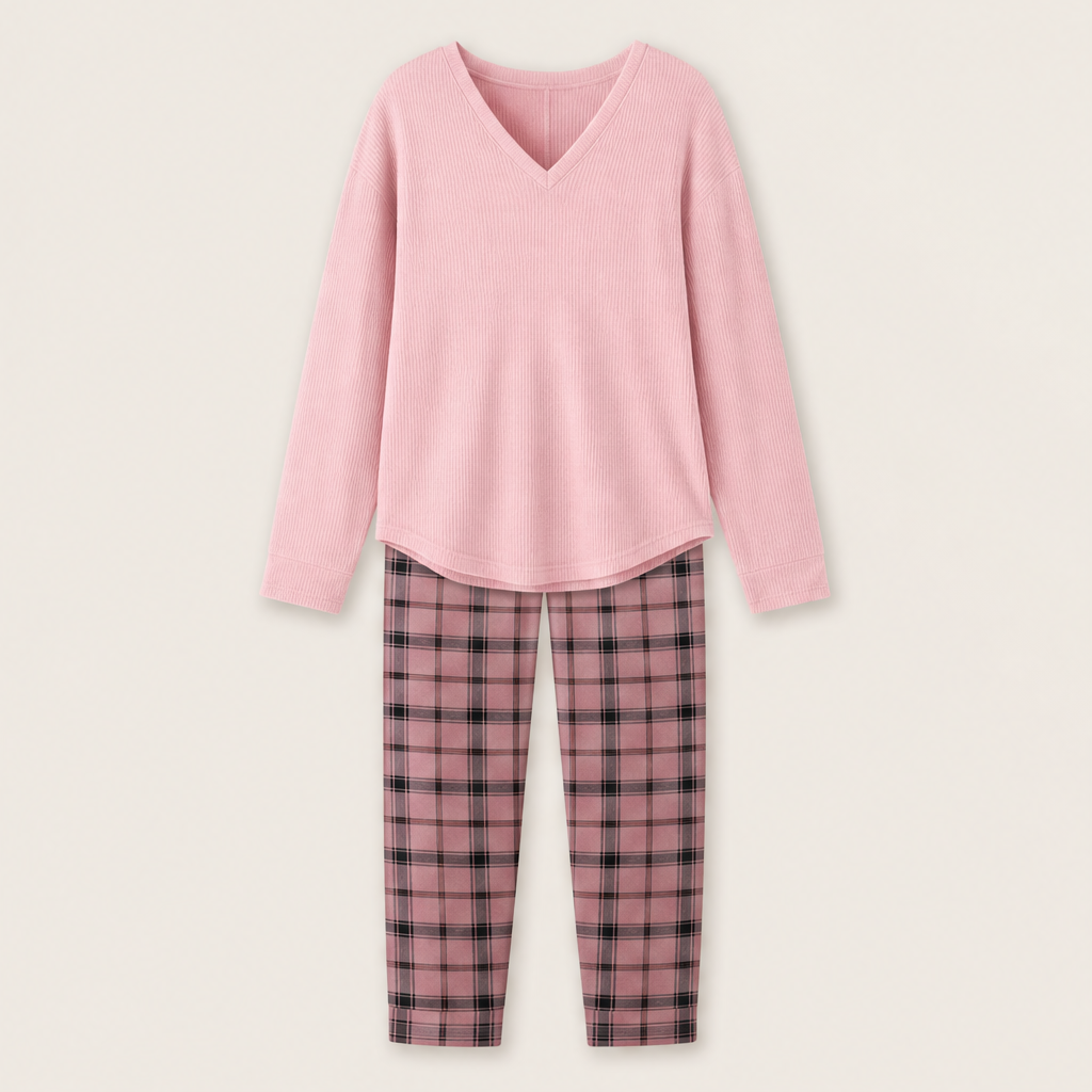 Nestcove โ Ribbed Knit Top and Plaid Legging Loungewear Set + 50% OFF Pink