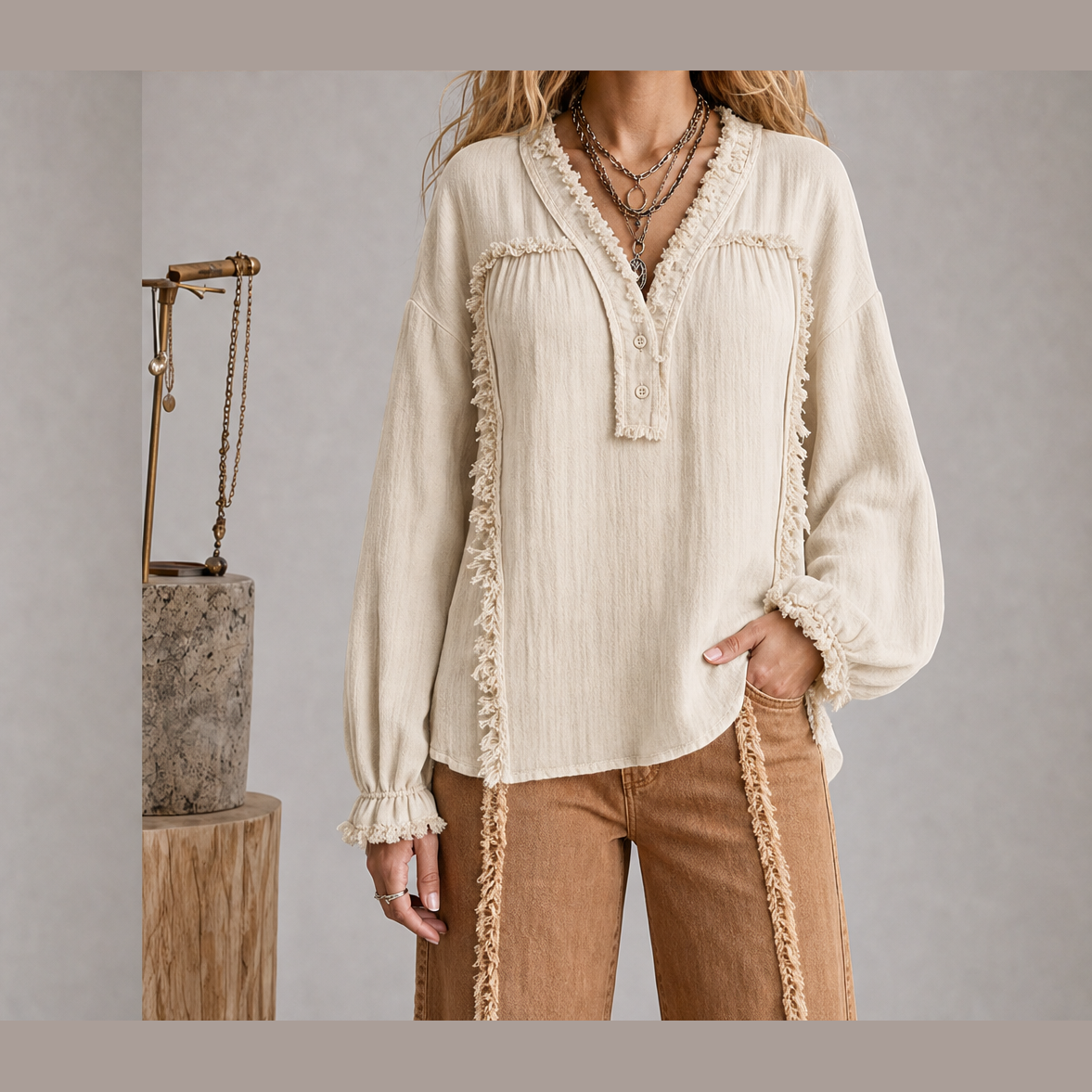 Frayvel โ Raw-Frayed Trim Boho Long-Sleeve Shirt + 50% OFF Beige