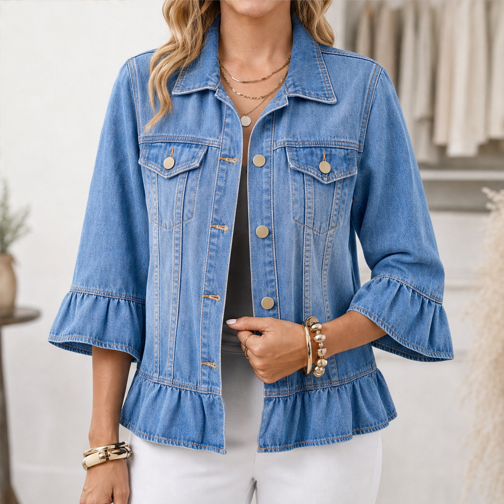 Ruffleigh โ Ruffle Cuff Peplum Fit Washed Denim Jacket + 50% OFF Blue