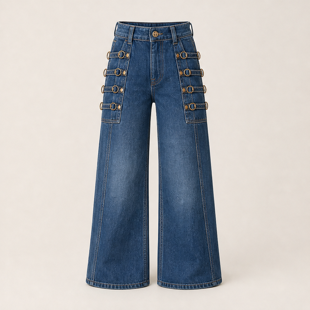 Buckridge โ Gold Ring Buckle Wide-Leg High-Waist Cargo Jeans + 50% OFF Medium Blue