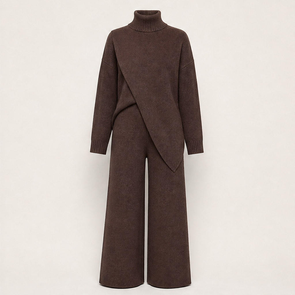 Fauxdrape โ Asymmetrical Knit Top & Wide-Leg Trousers Set + 50% OFF Brown
